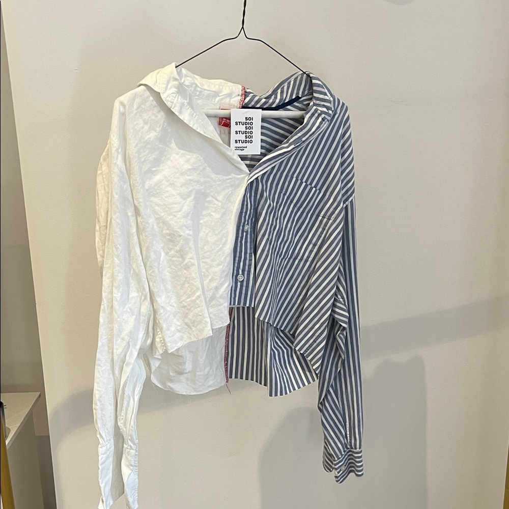 Two-Tone Striped and White Button-Up Shirt